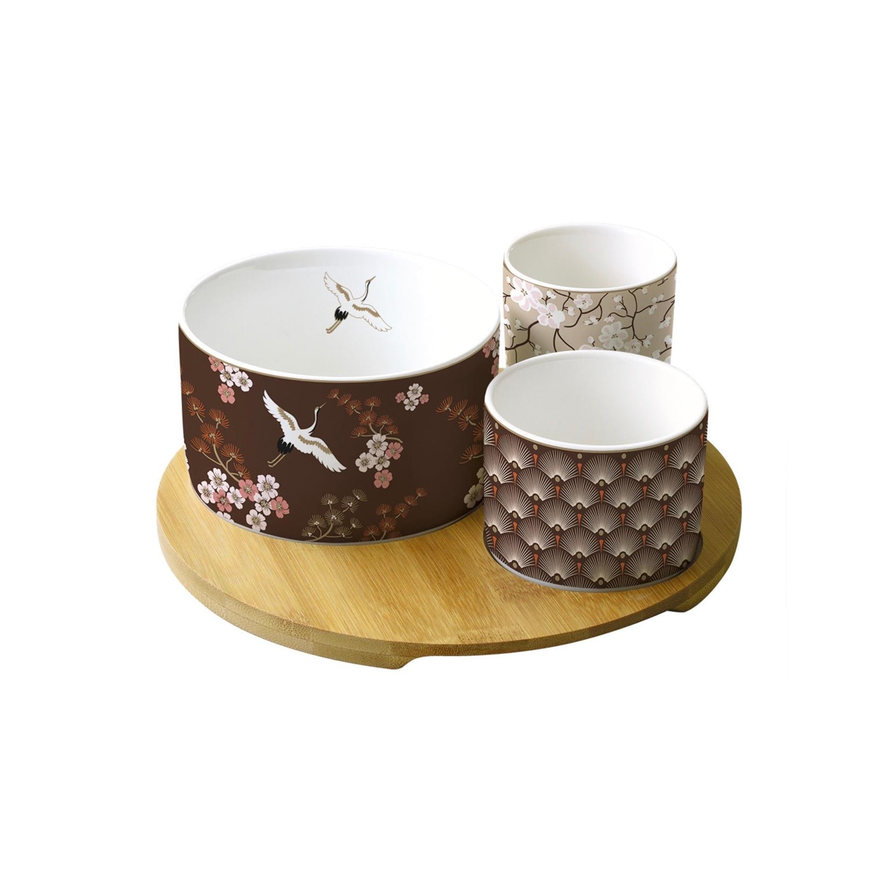 Oriental - Set Apéritif Rond Bambou Avec 3 Bols - Porcelaine Et Bambou - Multicolore