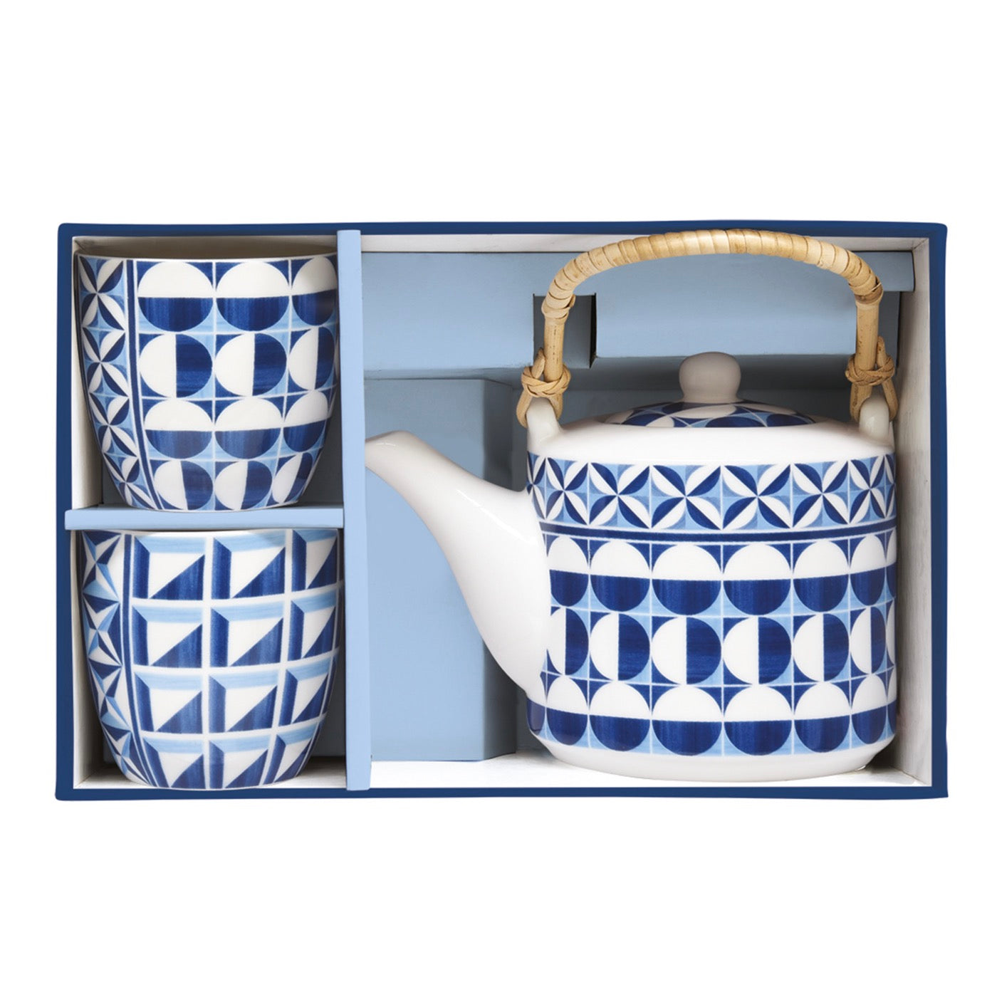 Geometric Blue - Théière Avec Infuseur Métal Et 2 Tasses - Porcelaine - Multicolore