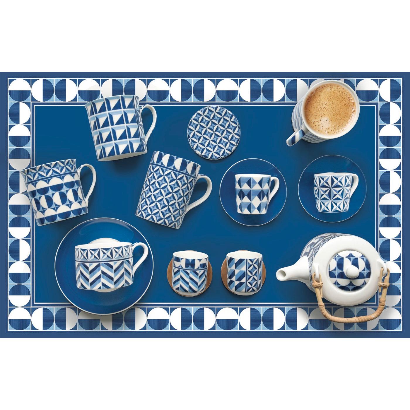 Geometric Blue - Théière Avec Infuseur Métal Et 2 Tasses - Porcelaine - Multicolore