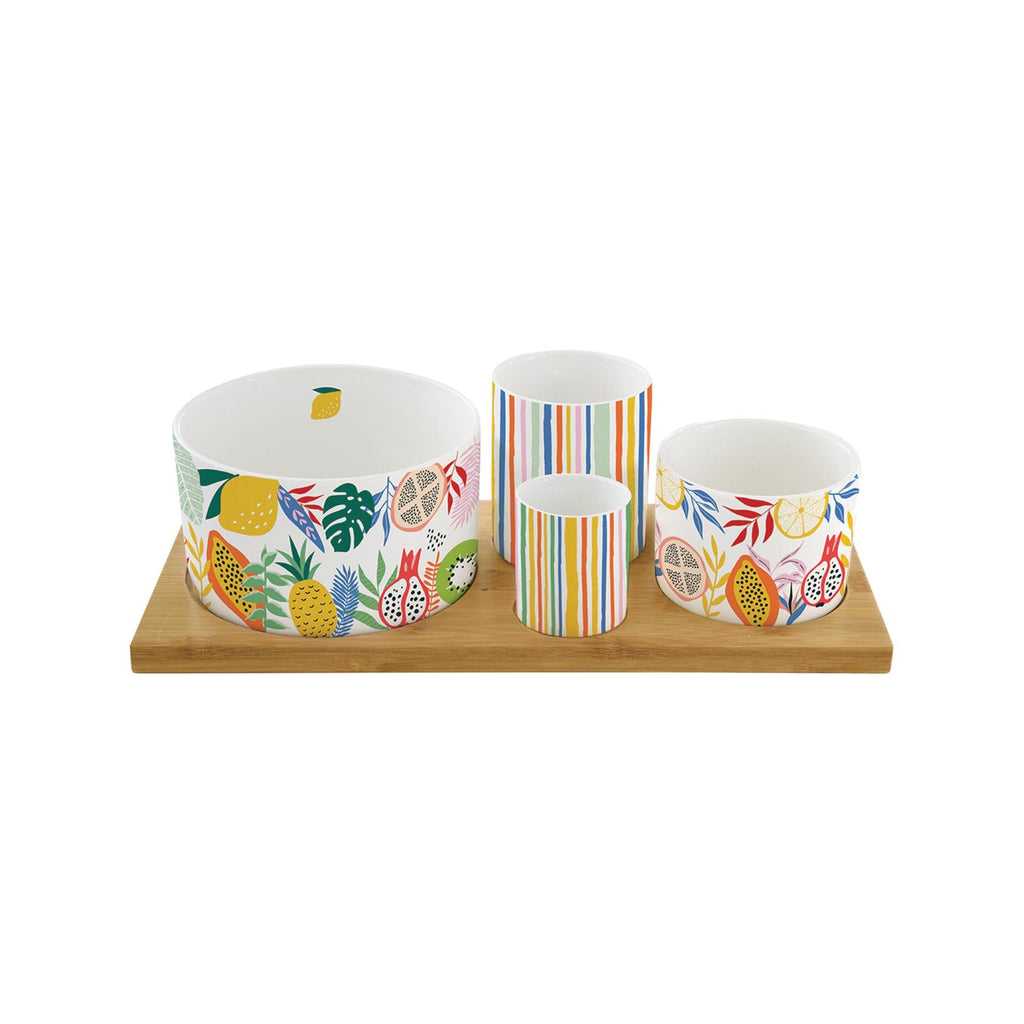 Tutti Frutti - Set De Aperitivo De Bambú Con 4 Boles Redondos - Porcelana Y Bambú - Multicolor