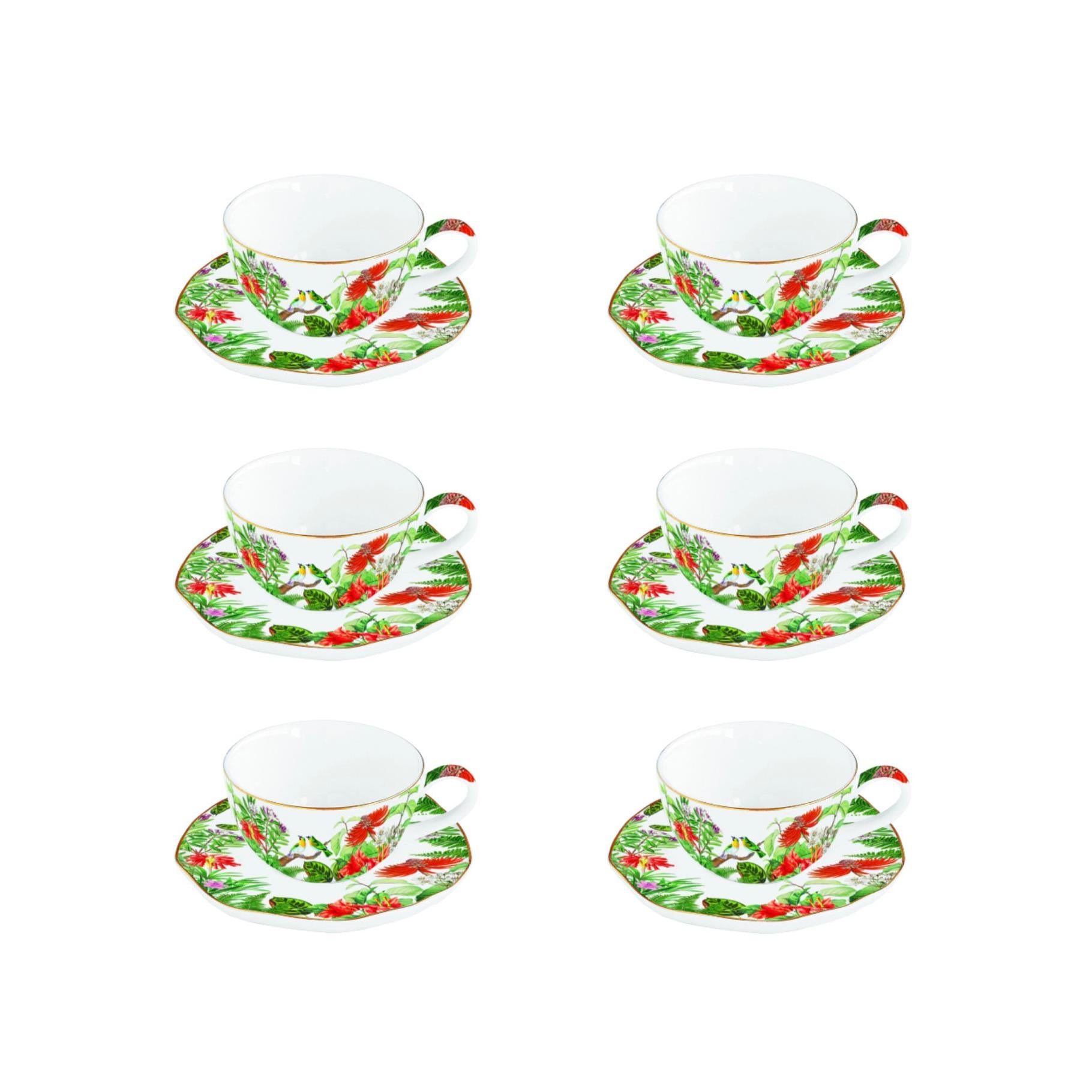 Exotica - Set De 6 Tasses À Café Avec Soucoupes - Porcelaine - Multicolore