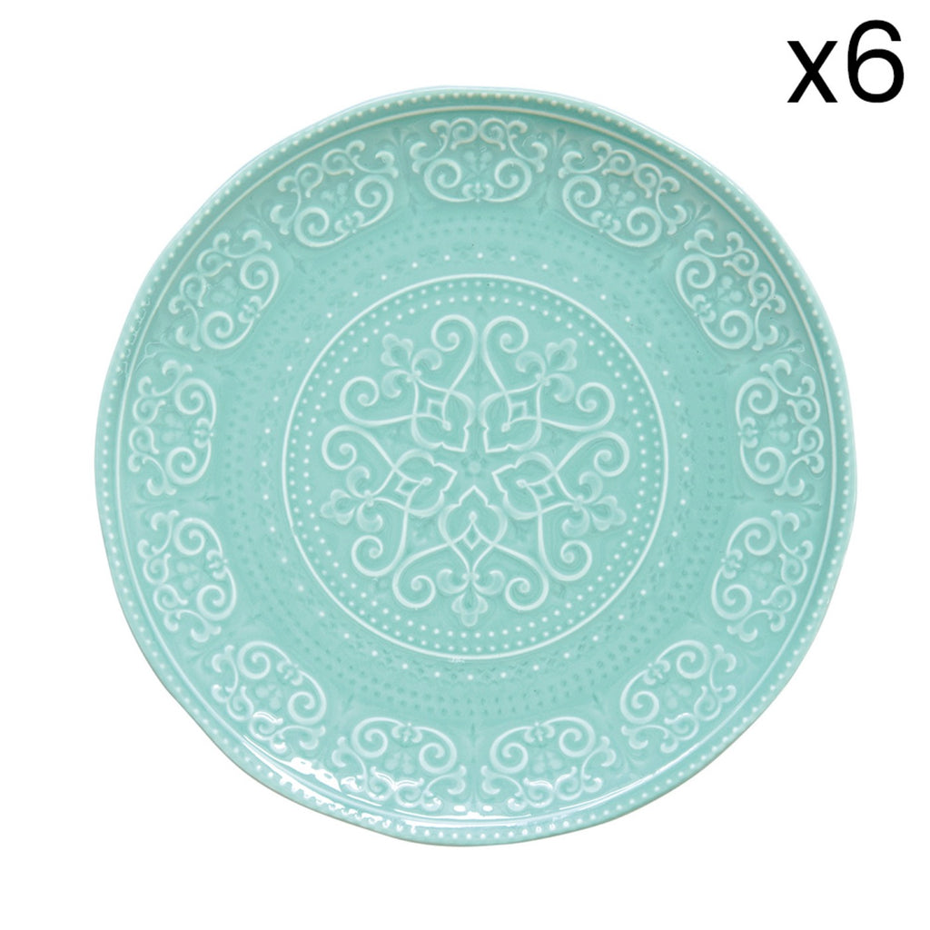 Abitare - Set of 6 Embossed Flat Plates - Porcelain - Aqua