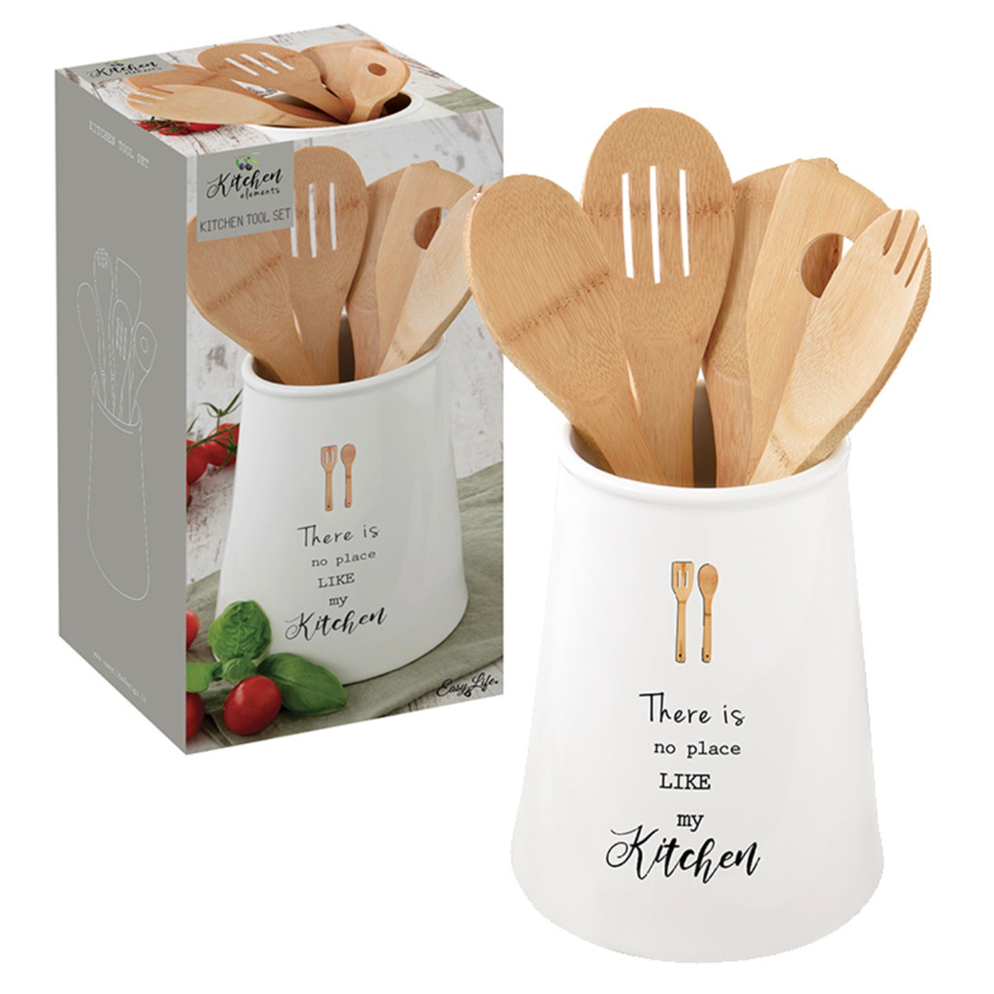 Kitchen Elements - Bote Para Utensilios Con 5 Utensilios De Bambú - Porcelana Y Bambú - Multicolor