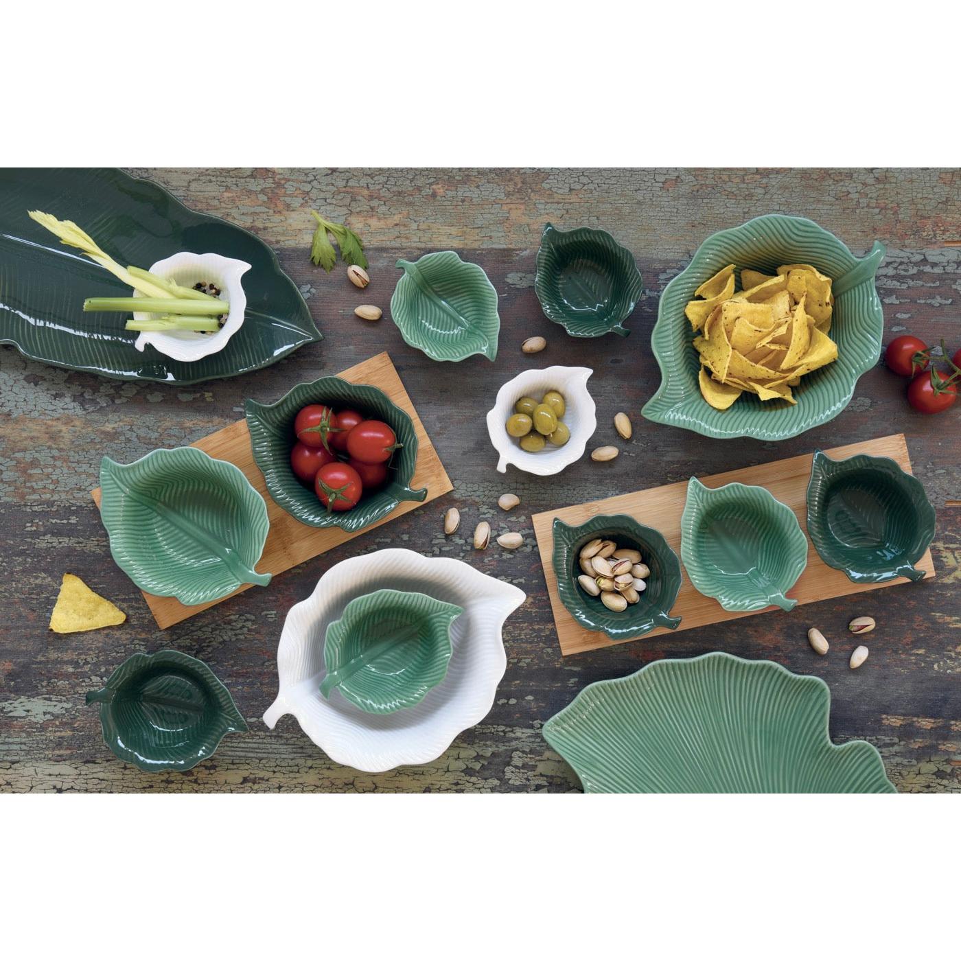 Madagascar - Set Aperitivo Bandeja Bambú Y 3 Cuencos Hoja - Porcelana Y Bambú - Multicolor