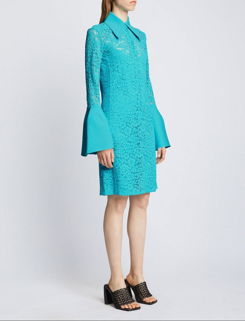 Proenza Schouler - Stretch Lace Shirt Dress - Cyan - Femme
