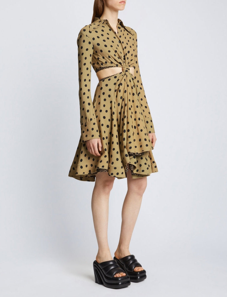 Proenza Schouler - Printed Dot Cut Out Shirt Dress - Khaki Black - Mujer