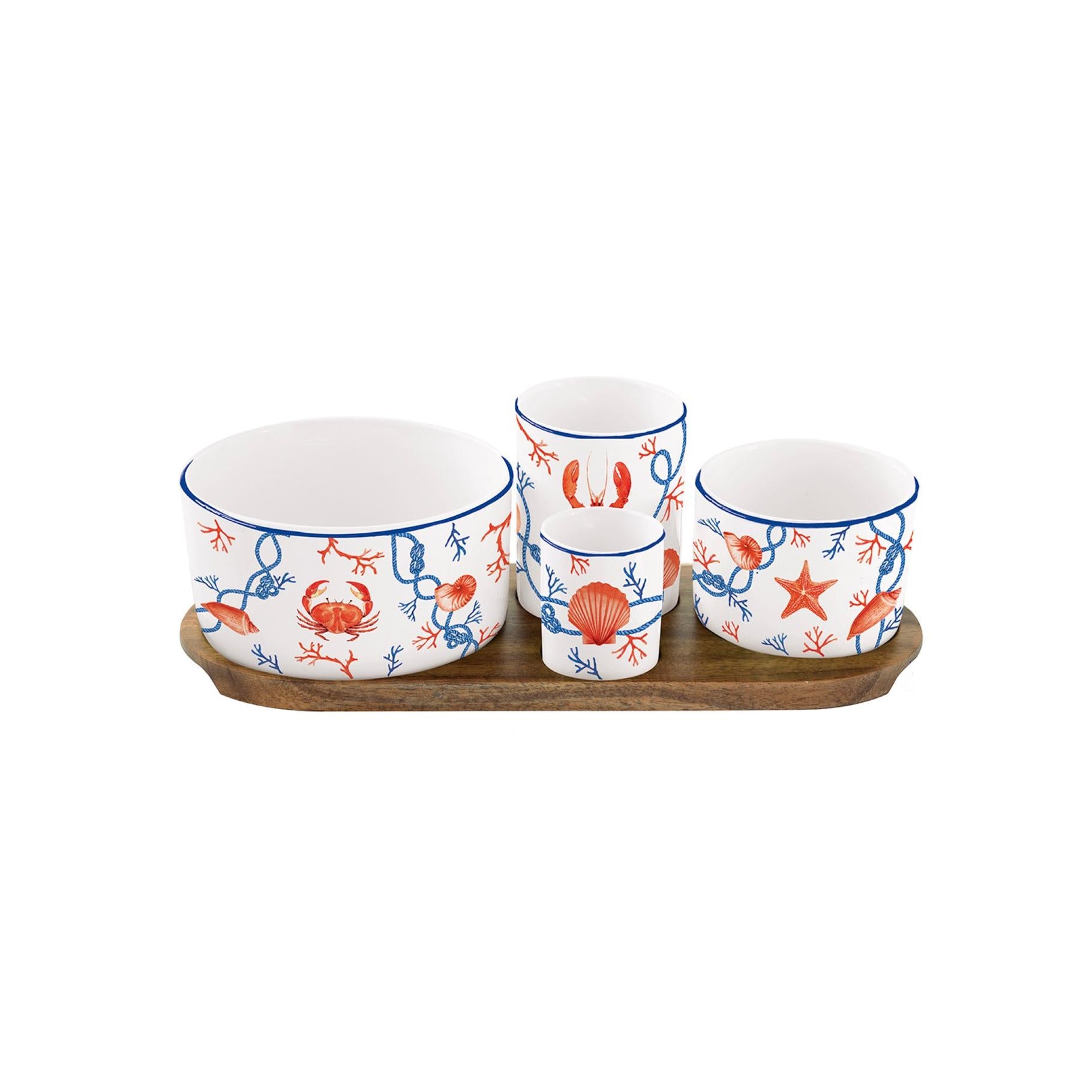 Cote De Mer - Set Apéritif Acacia Avec 4 Bols - Porcelaine Et Acacia - Multicolore