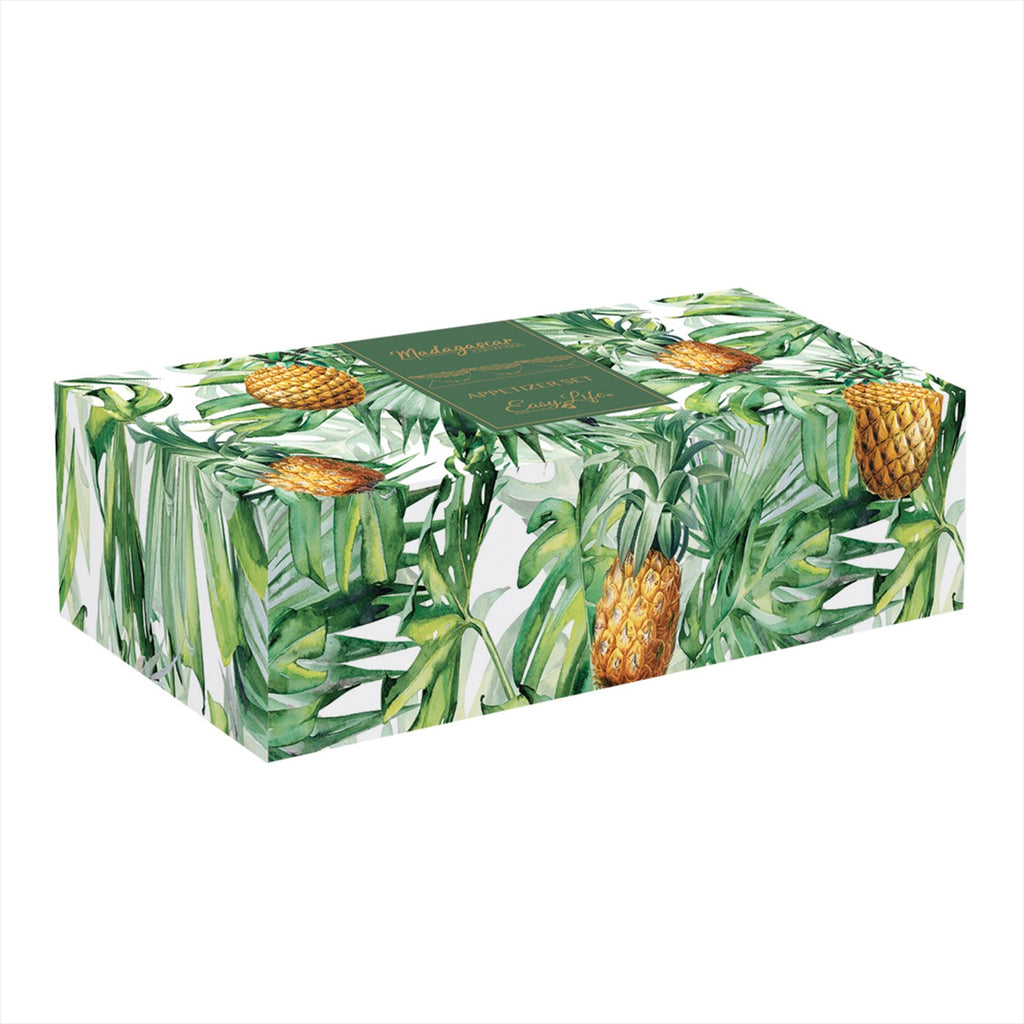 Madagascar - Set Apéritif Plateau Bambou Et 3 Coupelles Ananas - Porcelaine Et Bambou - Jaune-Vert