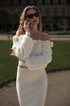 Gonna Midi in Lana Mista Sospesa a Cintura - Beige