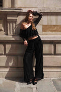 Pantalón Ancho de Talle Alto de Encaje - Negro