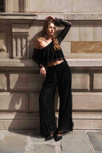 Pantalón Ancho de Talle Alto de Encaje - Negro