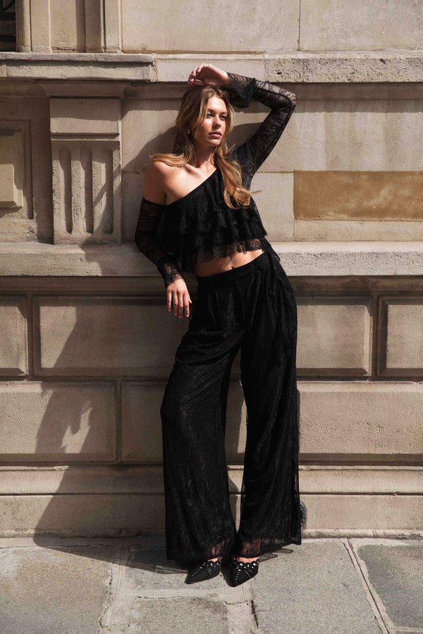 Pantalon Large Taille Haute En Dentelle - Noir