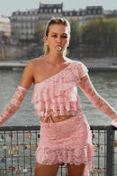 Haut en dentelle à volants asymétriques - rose sucre