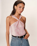 Top fluido con cuello torcido Raíz Rosa