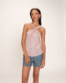 Top fluido con cuello torcido Raíz Rosa