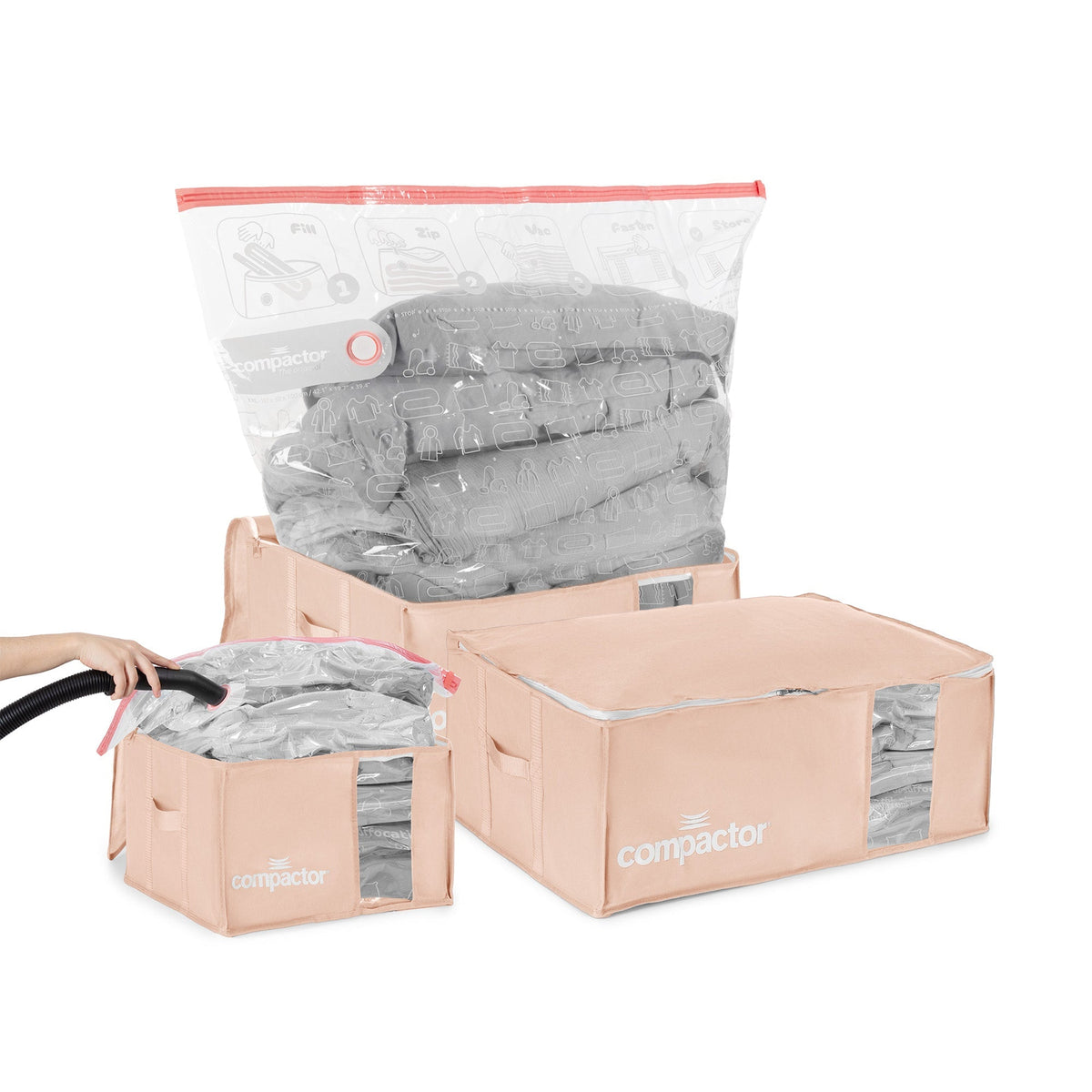 Lot 3 Housses Rangement Sous Vide - Tailles M + XXL - Rose