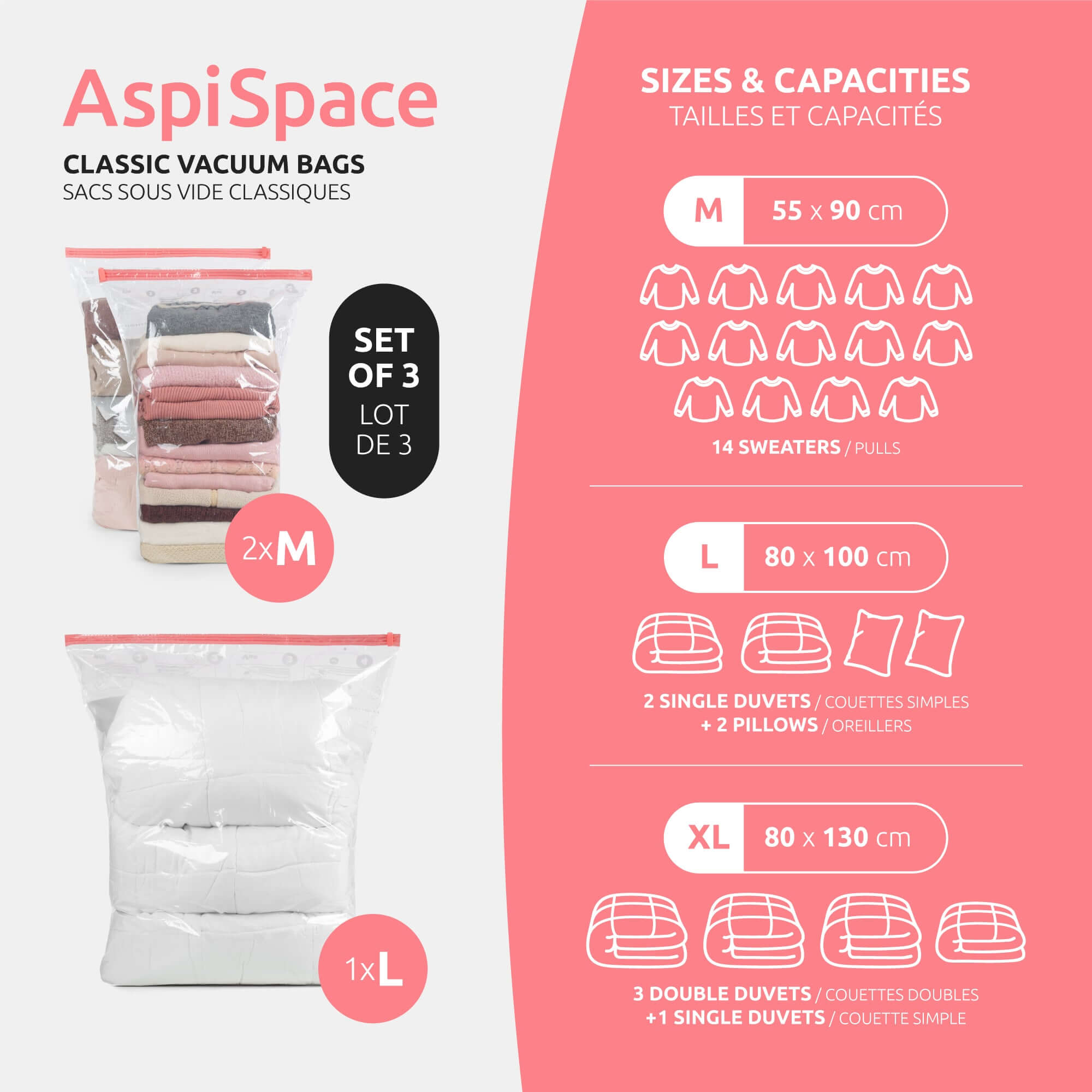 Lot 3 Sacs Rangement Sous Vide Aspispace M+L