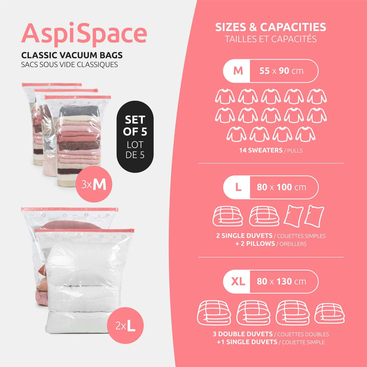 Zestaw 5 worków próżniowych Aspispace – Rozmiary M+L