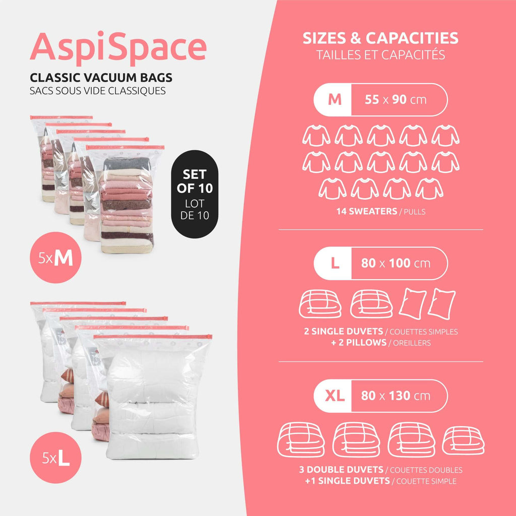 Lot De 10 Sacs De Rangement Sous Vide 5 M + 5 L Aspispace