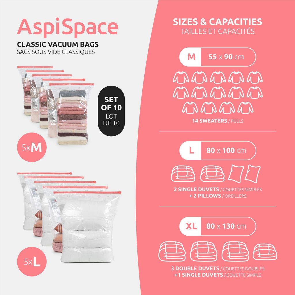 Set 10 sacchetti salvaspazio sottovuoto Aspispace - Taglie M+L + pompa