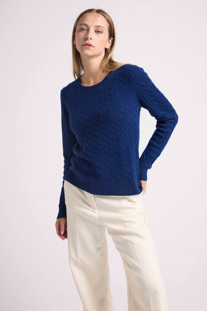 Pull Col Rond Torsades Raphaelle - Bleu Marine - 100% Cachemire Oeko-Tex - Femme