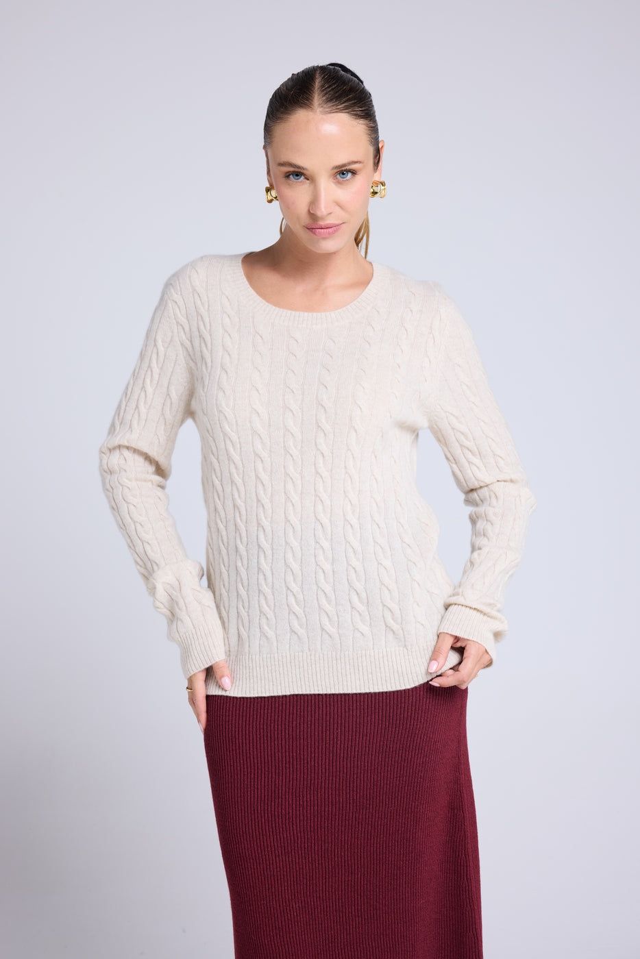 Pull Col Rond Torsades Raphaelle - Beige Crème