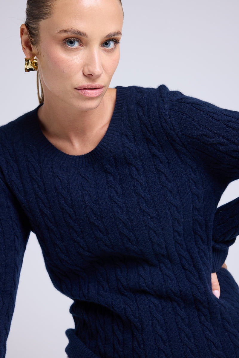 Pull Col Rond Torsades Raphaelle - Bleu Marine