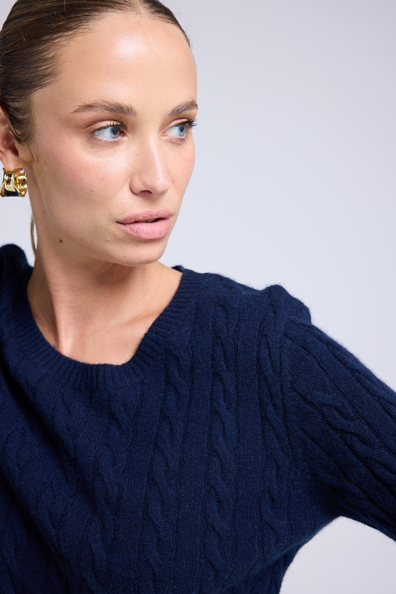 Pull Col Rond Torsades Raphaelle - Bleu Marine