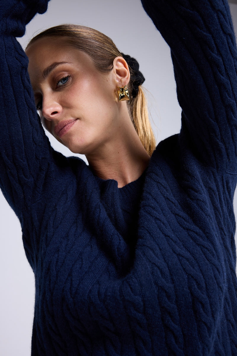 Pull Col Rond Torsades Raphaelle - Bleu Marine