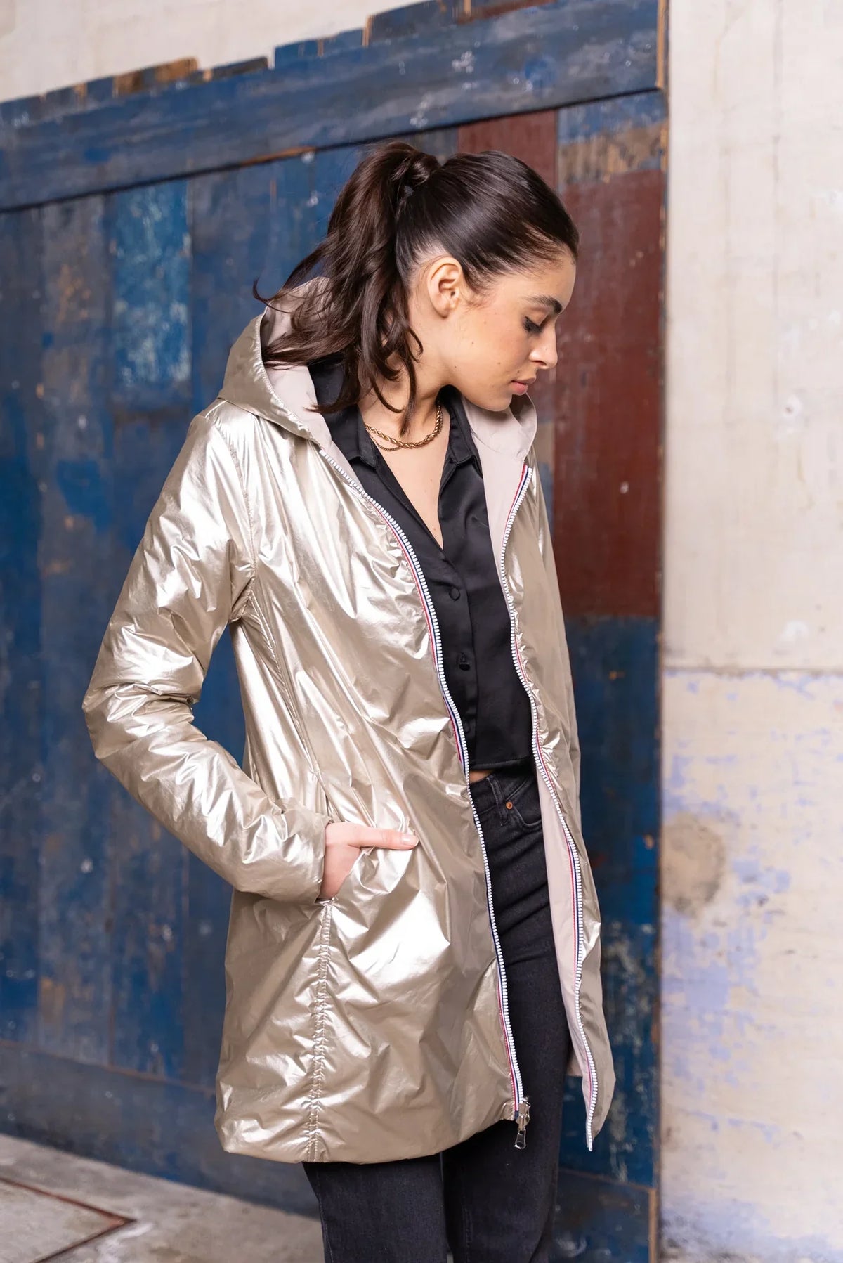 Mandy Long Raincoat - Beige/Gold