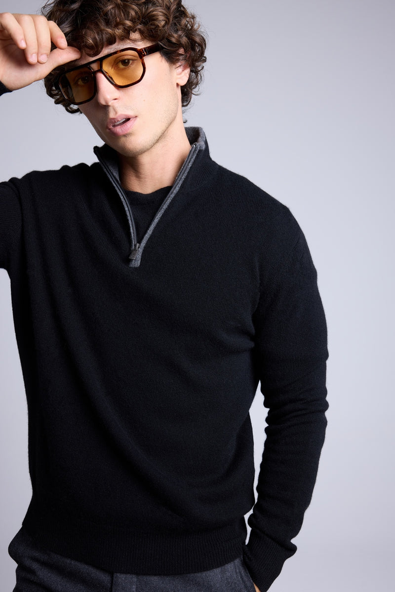 Pull Col Zippe Montant Rayman - Noir Et Gris - Homme