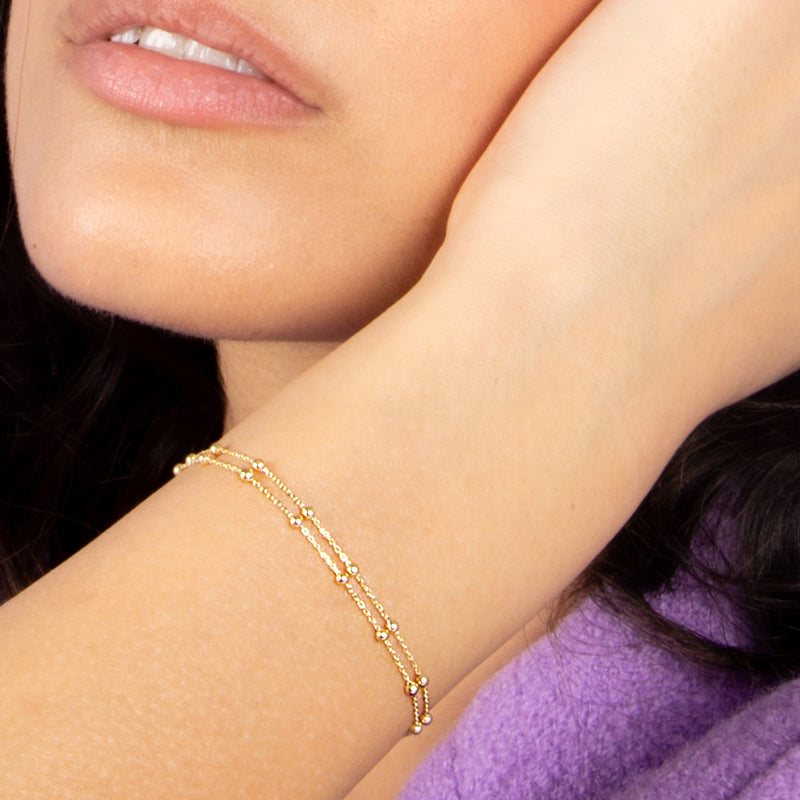 Bracelet Double Chaîne Boules En Or Jaune 375/1000