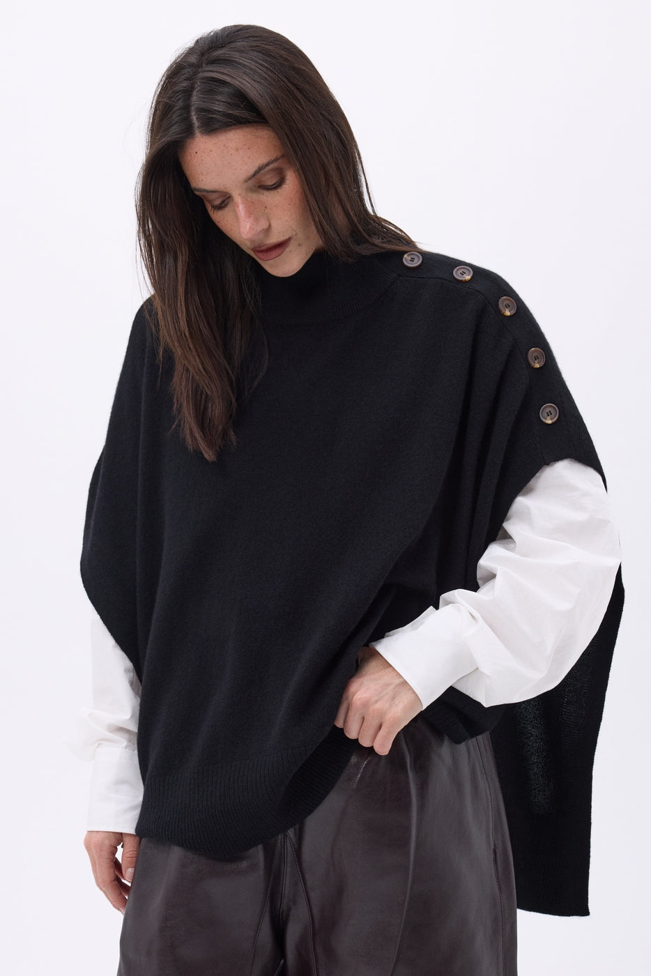 Reba Buttoned Poncho - Black - Women
