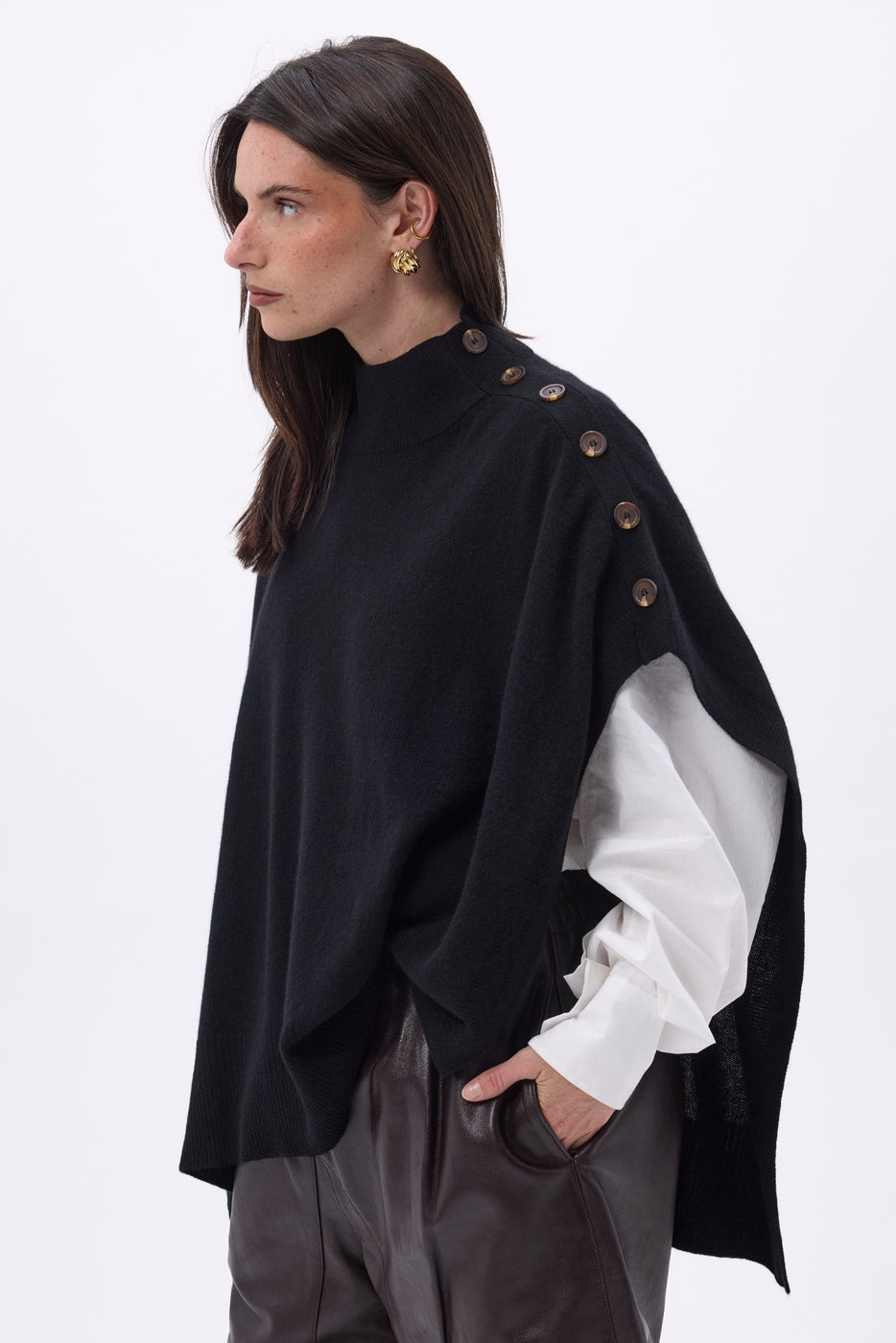 Reba Buttoned Poncho - Black - Women