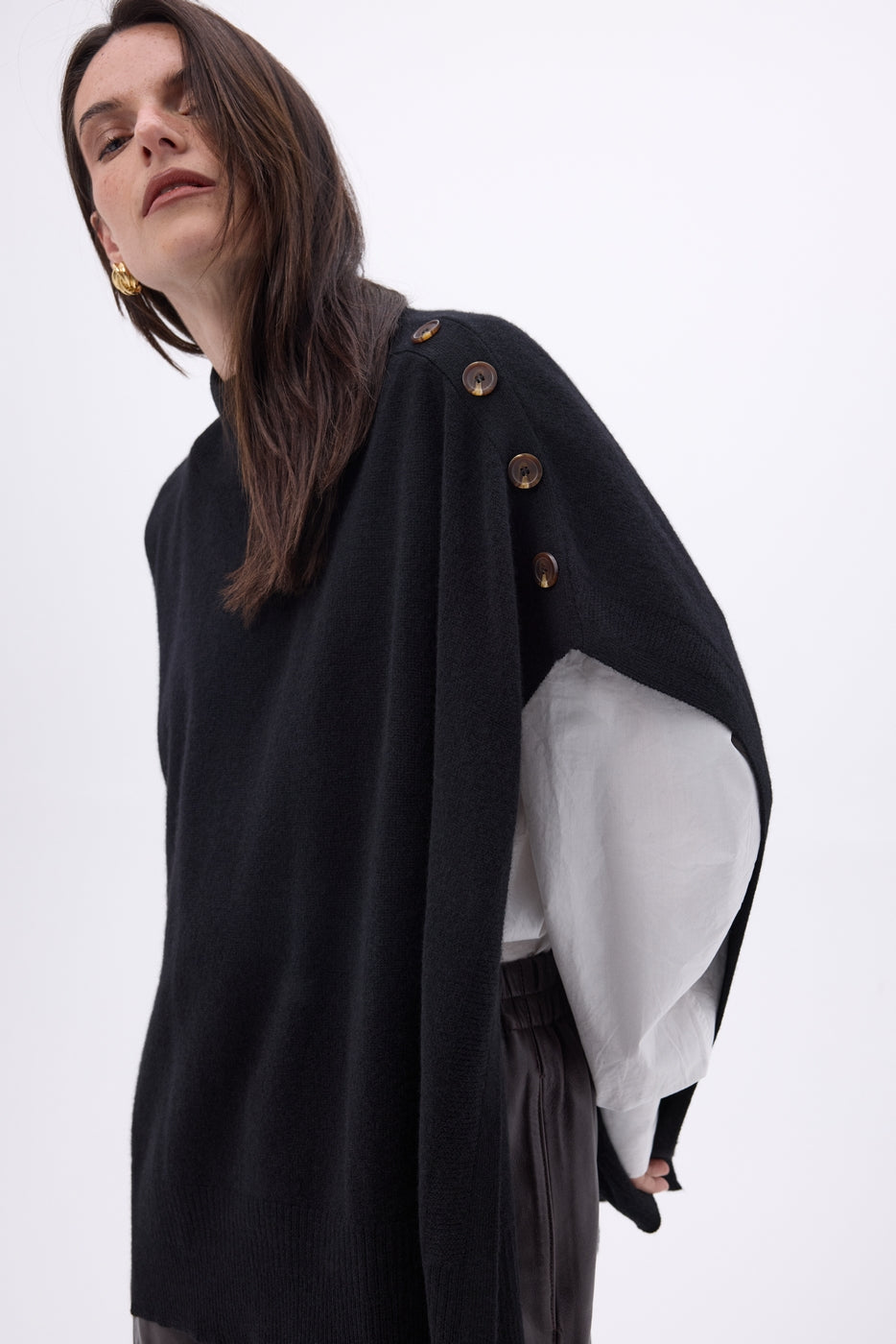 Reba Buttoned Poncho - Black - Women