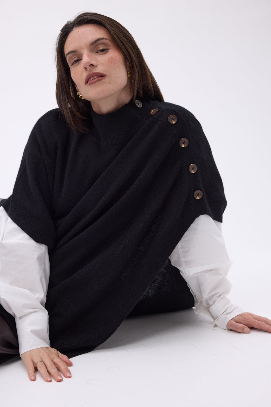 Reba Buttoned Poncho - Black - Women