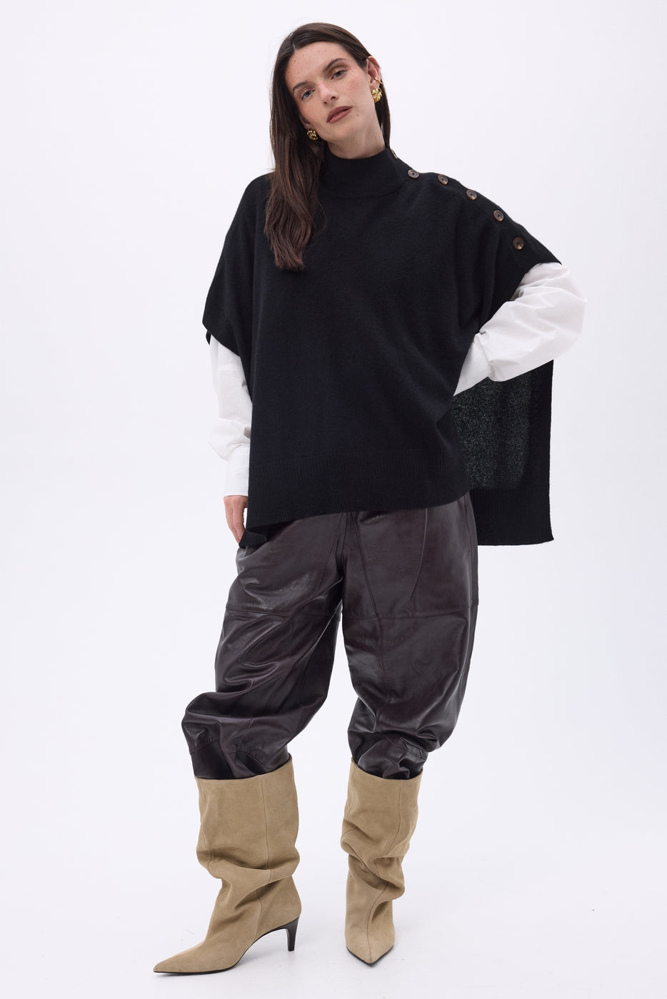 Reba Buttoned Poncho - Black - Women