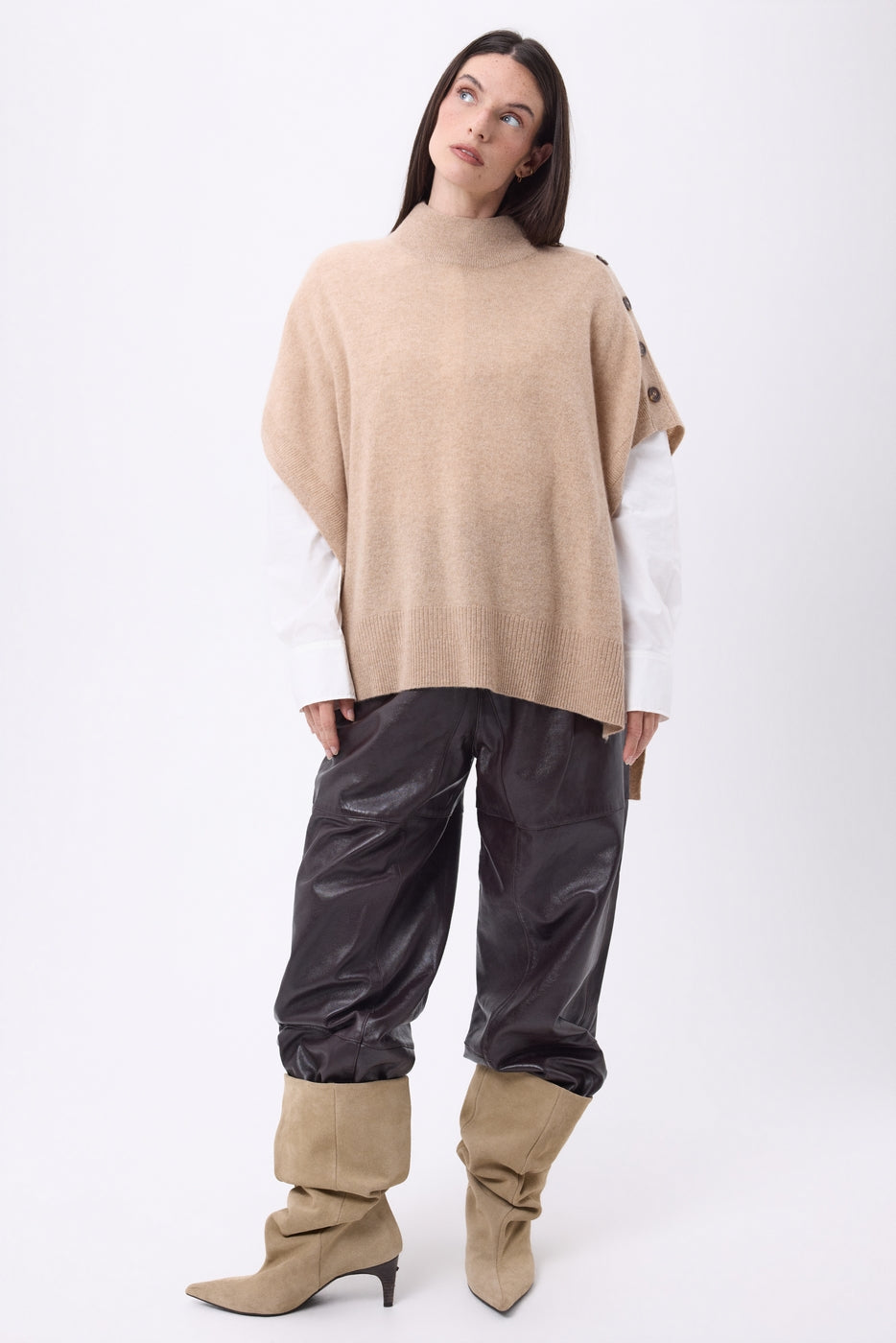 Poncho con botones Reba - Beige crema - Mujer
