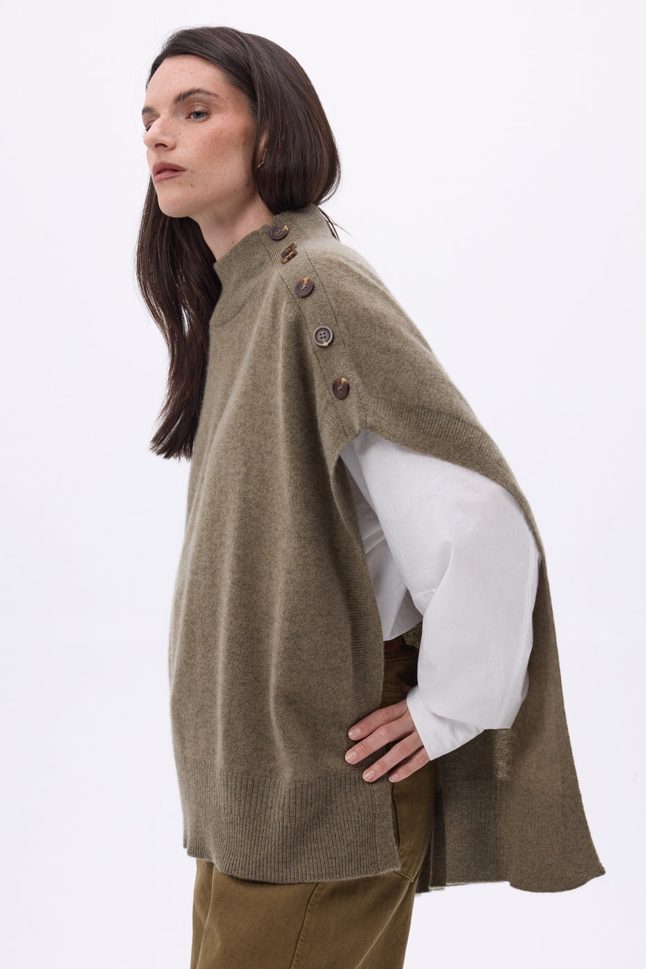 Reba Buttoned Poncho - Mottled Khaki - Women