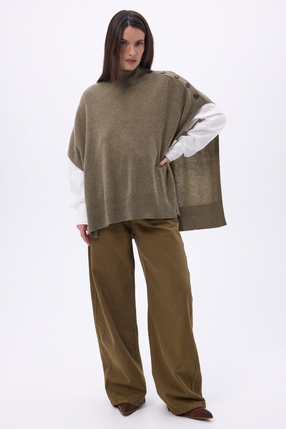 Reba Buttoned Poncho - Mottled Khaki - Women