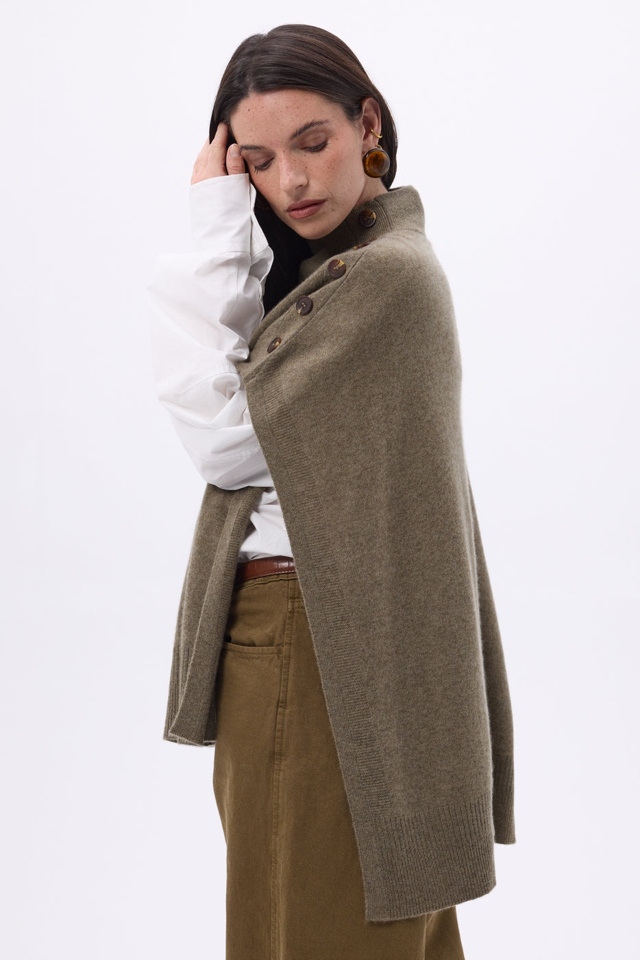 Reba Buttoned Poncho - Mottled Khaki - Women