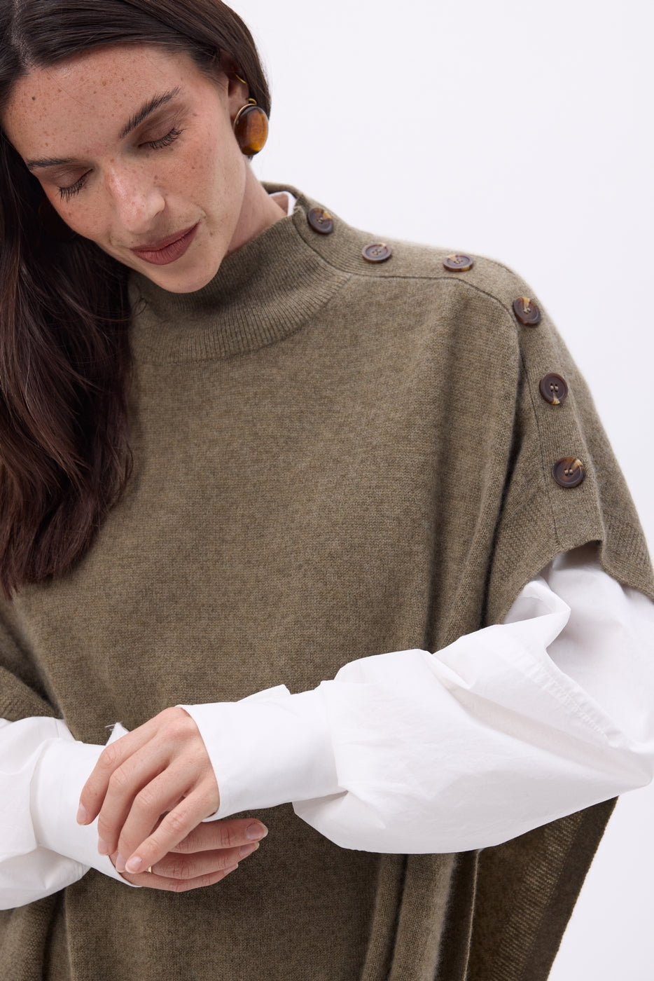 Reba Buttoned Poncho - Mottled Khaki - Women