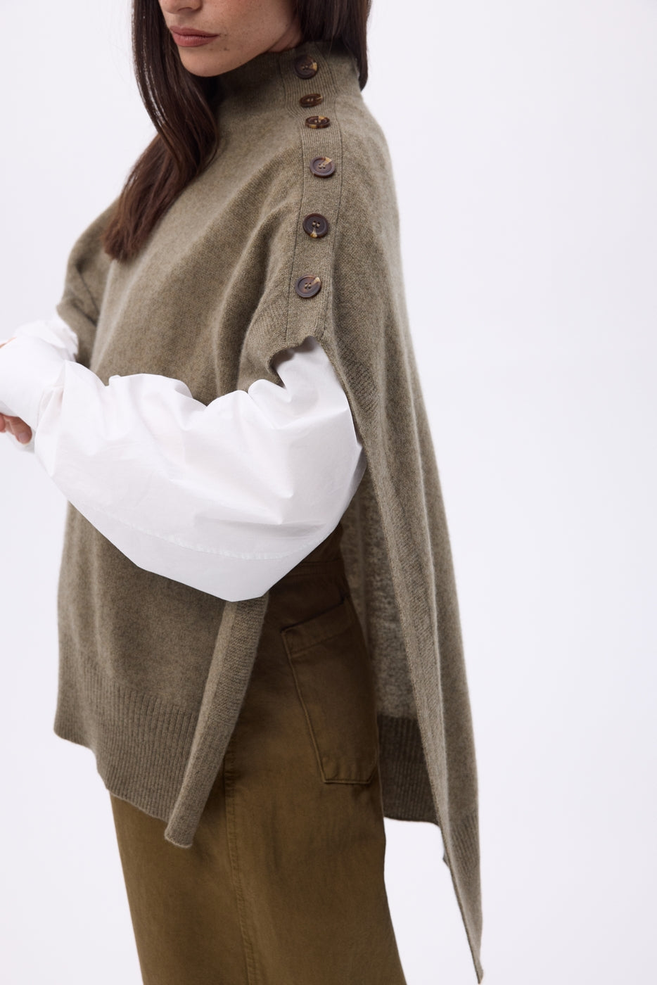 Reba Buttoned Poncho - Mottled Khaki - Women