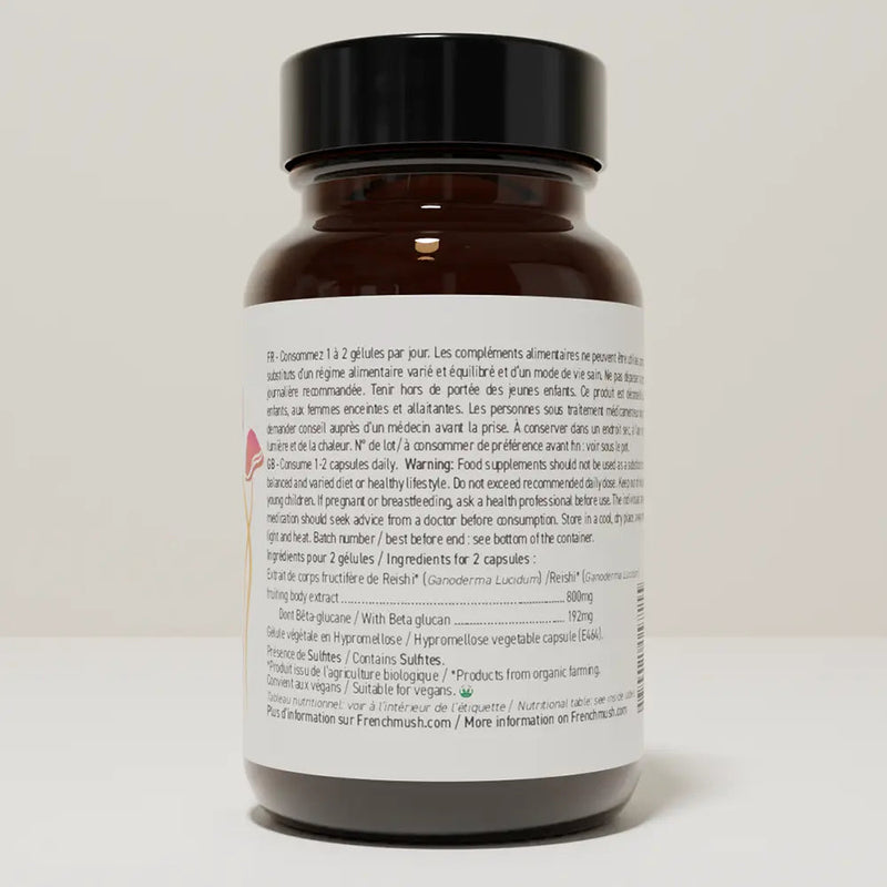French Mush compléments alimentaires à base d'extraits de champignons médicinaux biologiques fabriqués en France Le Reishi Bio - gélules -