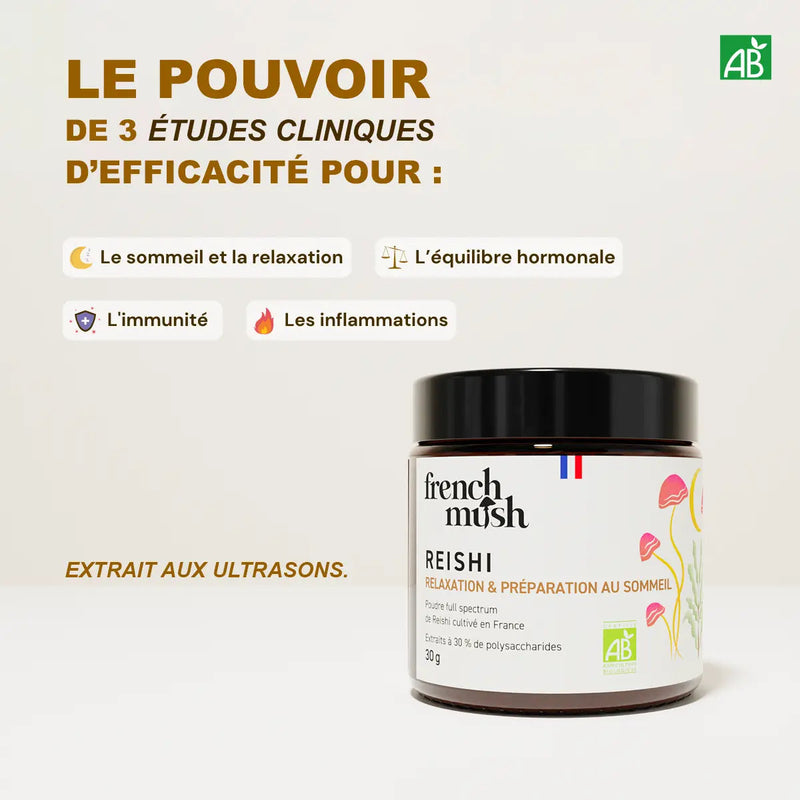 French Mush compléments alimentaires à base d'extraits de champignons médicinaux biologiques fabriqués en France Le Reishi Bio - poudre -