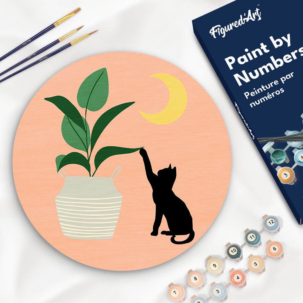 Peinture Par Numéro Sur Disque En Bois - Chaton Et Plante Au Clair De Lune