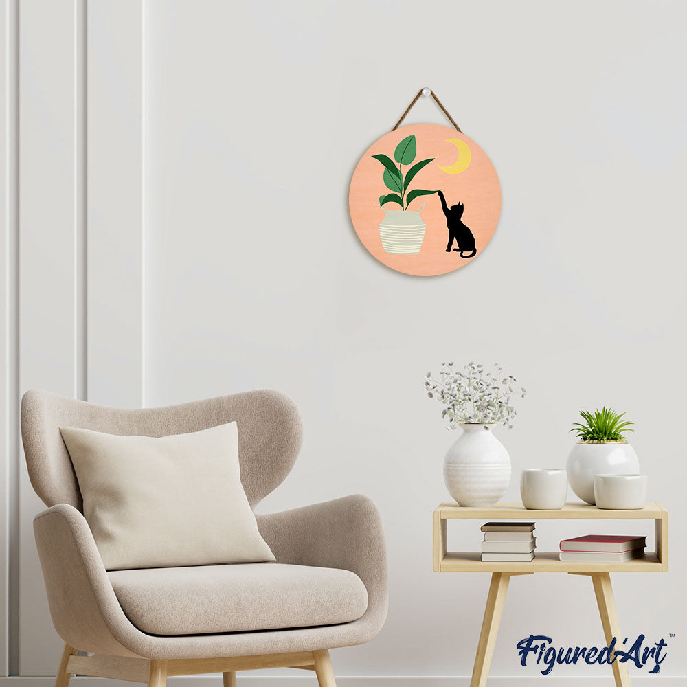 Peinture Par Numéro Sur Disque En Bois - Chaton Et Plante Au Clair De Lune