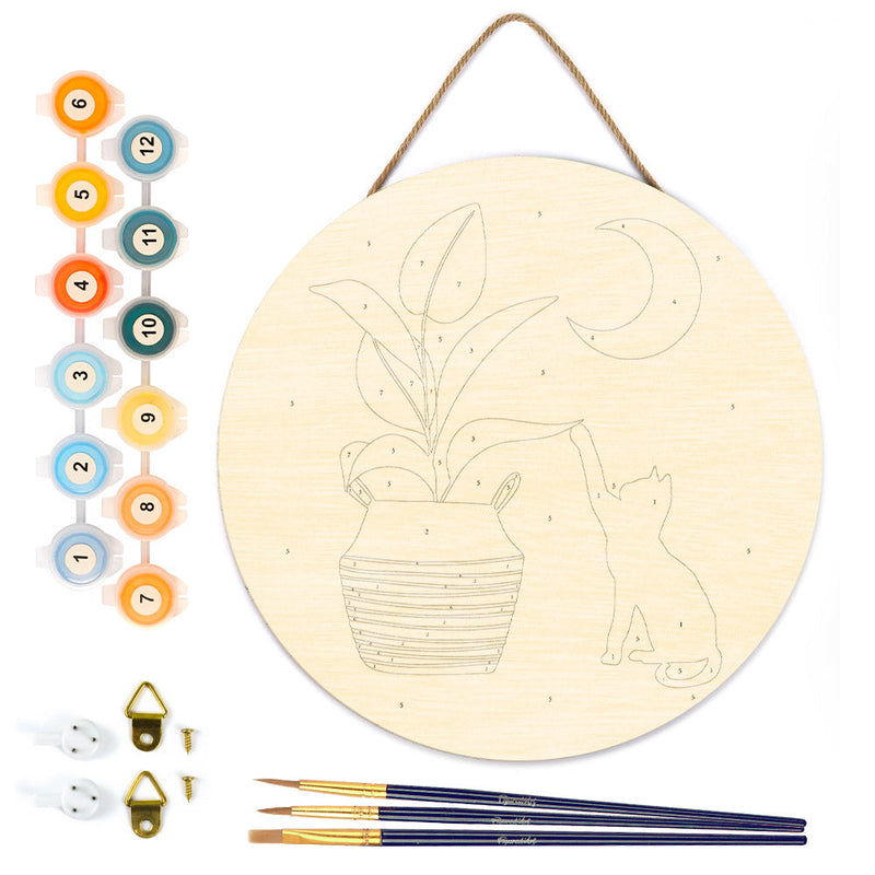 Peinture Par Numéros - Peinture Par Numéro Sur Disque En Bois - Chaton Et Plante Au Clair De Lune