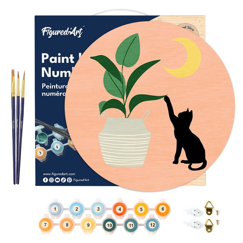 Peinture Par Numéros - Peinture Par Numéro Sur Disque En Bois - Chaton Et Plante Au Clair De Lune