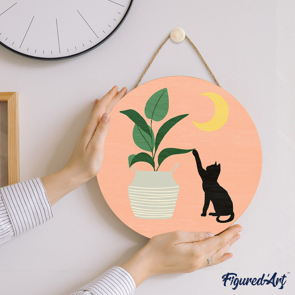 Peinture Par Numéro Sur Disque En Bois - Chaton Et Plante Au Clair De Lune